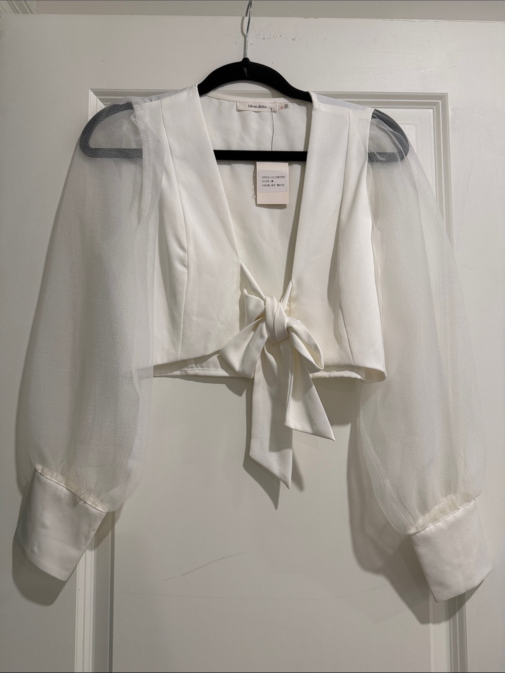 NWT Sheer Puff-Sleeve Tie-Front Blouse - White